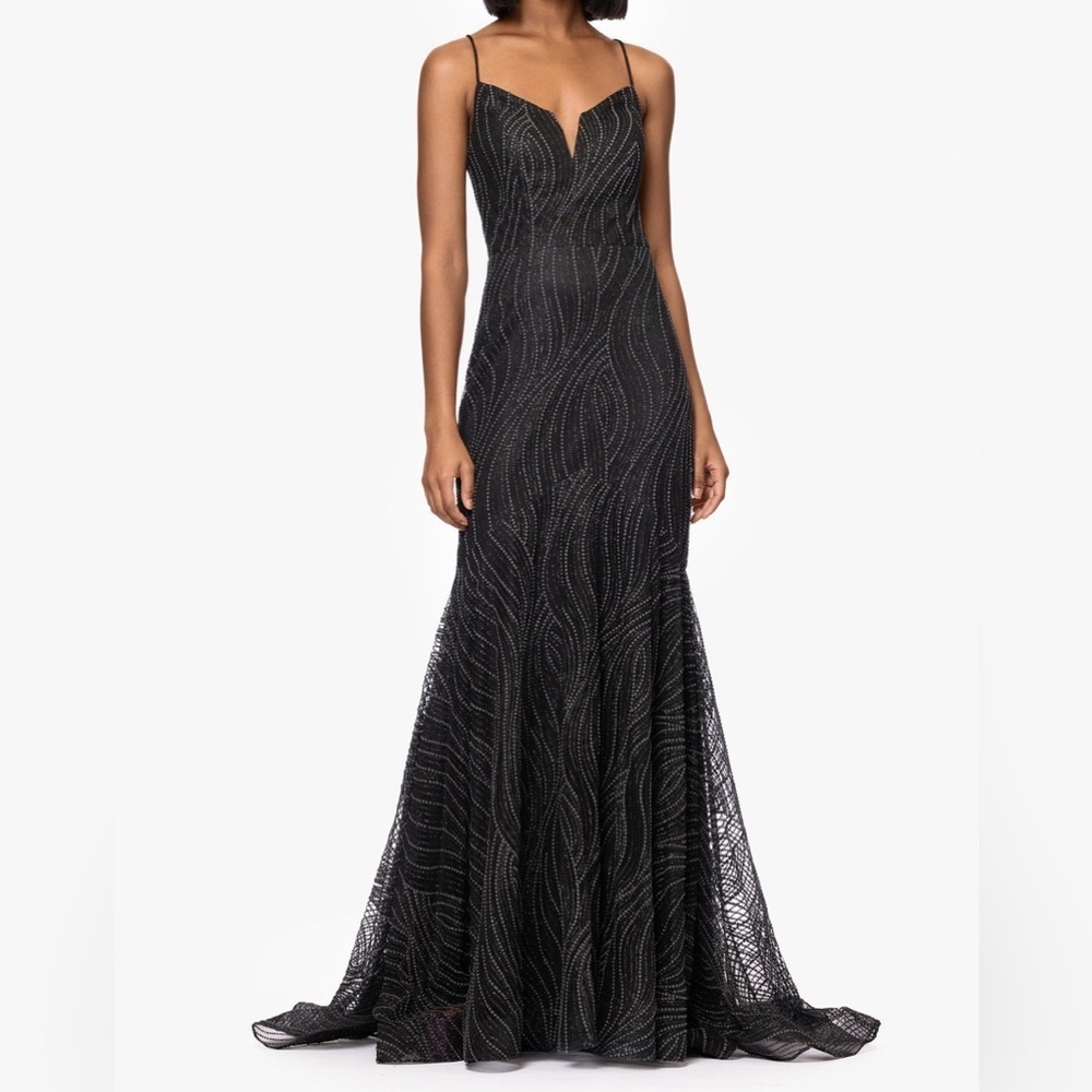 "ASHLYN" PUFF GLITTER FLOOR LENGTH TRUMPET DRESS